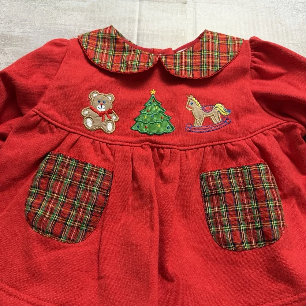 NWOT All Mine Christmas Baby 12 months 2 Piece Outfit Embroidered Tree Plaid Red